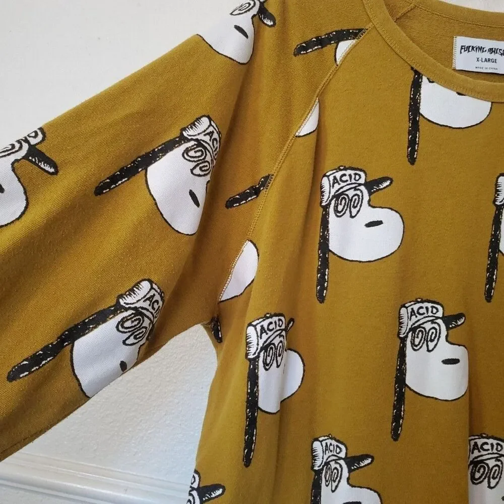 Snoopy Acid F cking Awesome Tee Rare Size XL Yellow Mustard Terry Cloth Inside